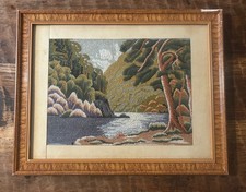 Vintage Mid Century Japanese Bunka Shishu Embroidery Yarn Painting Landscape • picture