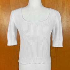LOFT Outlet Short Sleeve Scoop Neck Sweater Size S White Cotton Rib/Open Knit picture