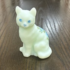 Vintage Fenton blue roses on blue satin cat 4 1/2 inches hand-painted signed picture