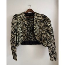 Vintage Gold Black Metallic Brocade Cropped Bolero Jacket Puff Shoulder picture
