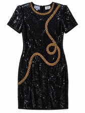 Vintage Stenay Black Gold Beaded Sequin Silk Cocktail Dress 8 Medium picture