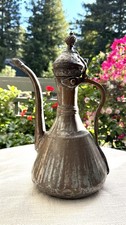Antique 19th C Middle Eastern Tinned Copper Aftaba Ewer Long Spout Hinged Lid picture