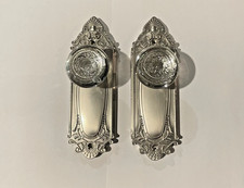 Victorian Style Crystal Door Knobs Satin Nickel Long Backplate Set Double Dummy picture