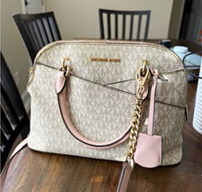 Michael Kors Logo Print Satchel Handbag Zip Gold Hardware Chain Charm Beige picture