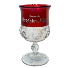 HOUGHTON MICHIGAN MI ANTIQUE Ruby Red Flash RARE Souvenir Glass Cut CUP GOBLET picture