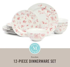 Pink Floral 12-Piece Porcelain Dinnerware Set – Elegant Decorative Plates & Bowl picture