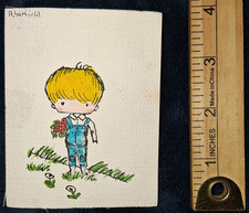 Vintage Original Painting Signed A. Barfield Boy Overalls Flowers Canvas Mini picture