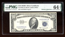 DBR 1953-B $10 Silver Fr. 1708 PMG 64 EPQ Serial A12155611A picture