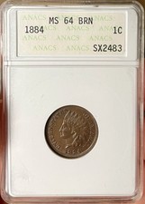 1884 ANACS MS64 BN Indian Head Cent. Nice Eye Appeal. Old Soapbox Holder picture
