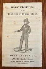 1840s/50s Ephemera Clothing Ad Philadelphia John Ashton Jr. No. 30 Market Street picture