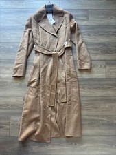 Mango Women’s Handmade Wool Overcoat Brown Solid Belted Tie picture