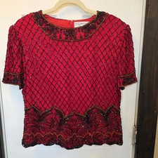 Papell Boutique Evening Beaded Silk Top in Red & Black- Size XL picture