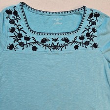 Talbots Women's XL Petite Embroidered Square Neckline Cotton Top Turquoise picture