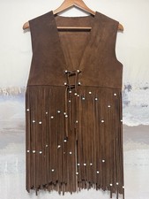 Vtg 70s DUETTE Spain Suede Leather Fringe Vest Brown Beaded Boho Hippy Woodstock picture