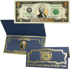 22k Gold Layered Uncirculated Two Dollar Bill - Special Edition Collectible picture