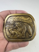 Vintage 1976 Indiana Metal Craft Bear & Cub Fish Belt Buckle Wildlife Mountain picture