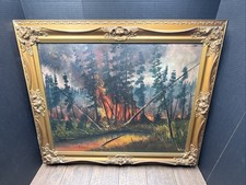 Vintage Framed MCM Oil Painting Forest Landscape  picture
