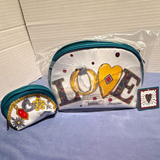 Brighton Charmed Love 2pc Makeup Bag Set White/Teal Multicolor Zipper picture
