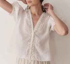 Women Doen V-neck Lace Puff Sleeve Blouse Top picture