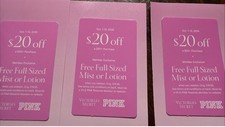 3 Victoria's Secret PINK Bonus Cards $20 off $50 & Mist/Lotion Coupons. 10/1 -12 picture