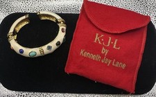 Vintage Kenneth Jay Lane Cuff Bracelet Cream Enamel & Multicolor Crystals  7” picture