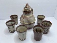 Vtg Frankoma 93 Pitcher & 6 Juice Tumblers Brown Tan Sand Clay Pottery Set picture