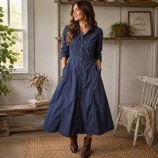 Boden Navy Blue Corduroy Maxi Shirt Dress Long Sleeve Cotton Pockets US 20-22 L picture