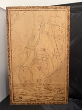 Vintage 1930s Dibble Studio USS Constitution Pyrography Wood Plaque Harry Ungar picture