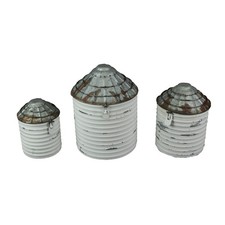 Vintage White Farmhouse Style Galvanized Decorative Tin Silo Canister Set of 3 picture