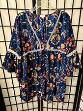 Umgee+ Women’s Blue Multicolor Floral V-Neck Pullover 3/4 Bell Sleeve Tunic L picture