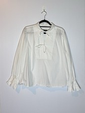 J.CREW Womens White Woven Cotton Collared Tie Neck Blouse XL Ruffle Pleat picture