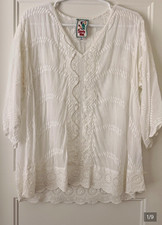 Johnny Was White Lace Embroidered Floral V-Neck Short Sleeve Cotton Blouse M picture