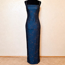 Vintage Ecru Studio Blue Floral Chiffon Beaded Spaghetti Strap Maxi Dress Size S picture