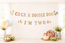 Cock Doodle Doo I'm Two Birthday Banner Farm 2nd Decor Chicken Party Barnyard picture