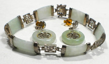 Vintage Light Green Asian Jade Sterling Silver Bracelet & Earrings  (513) picture