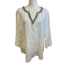 J JILL Love Linen White Tunic Top L Embellished Coastal Hamptons Summer Travel picture