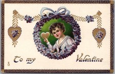 c1910s Tuck's VALENTINE'S DAY Postcard Little Boy with Gold Heart / Violets picture