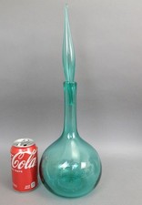 MCM Vintage Blenko Glass Decanter #627L Blue Teal Flame Top Stopper 11