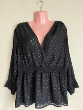 Rockmans Women's Black Polka Dot V-Neck Blouse Peplum Top Size 12-14 picture