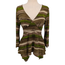 90s Y2K Asymmetric Babydoll Top XL Green Brown Stripe Tie Back Grunge Goblincore picture