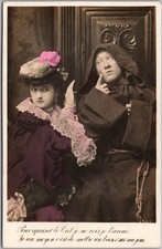 c1910s French Tinted Photo RPPC Postcard Pretty Lady & Monk 