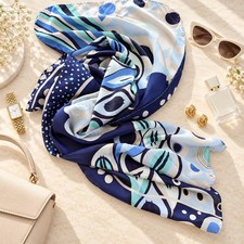 FREYWILLE 100% Silk Scarf Wrap Made in Italy Blue Abstract 70 x 17 picture