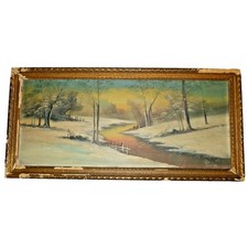 Vintage Winter Landscape Oil Painting Gilded Wood Frame Snow Stream Scene Art picture