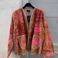 Cofur Velvet Embroidered Jacket Boho Peace Floral Bird Brown Pink Velvet Coat picture