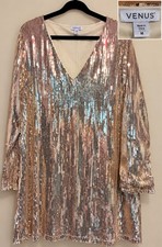 VENUS Women’s Sequin V-Neck Dress Medium Champagne Gold Long Sleeve Lined NWOT picture