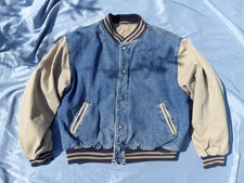 VTG Y2K Gap Jacket Men Large Bomber Coat Denim/Beige Varsity 90s Quilted Lined * picture