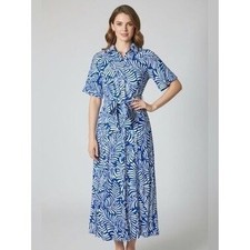 H&M Blue White Tropical Leaf Print Button Front Midi Shirt Dress Small NWT NEW picture