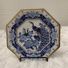 Heritage Mint Japan Peacock Plate Blue White Gold Octagon Chinoiserie Vintage picture
