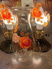 Vintage Crown Creative Pair Hurricane Glass Lamps 11.5” Floral Rose Brass P-8577 picture
