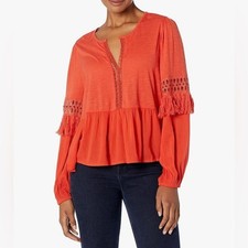 Lucky Brand Coral Orange Peasant Top Fringe Eyelet Peplum Blouse NEW picture